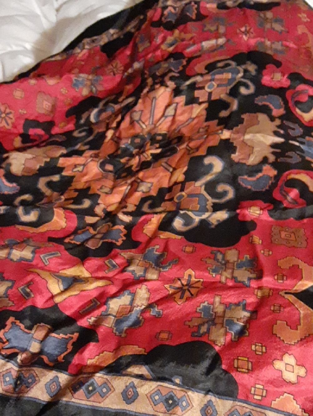Echo Persian Vtg Black Scarf with Red and Gold Ornamental Border 29" Square
